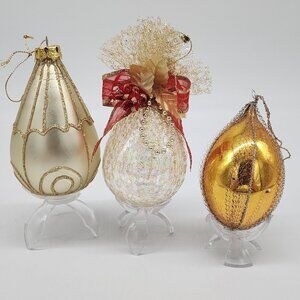 Festive Teardrop Christmas Ornaments With Gold Glitter Accents & Bows Vintage